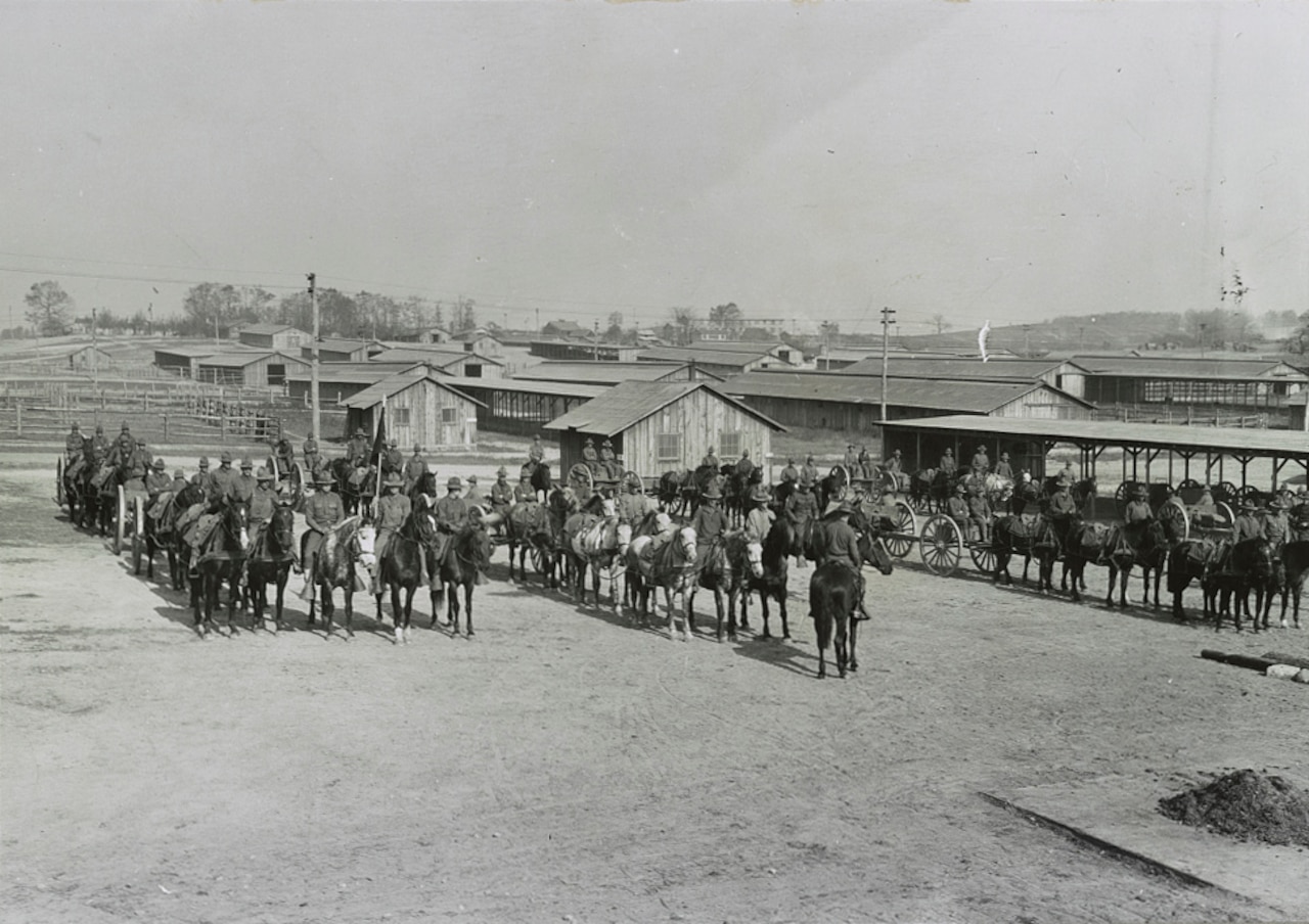 Army mounted cavalry and equipment form up at Camp Meade, Md., circa 1918. Library of Congress photo