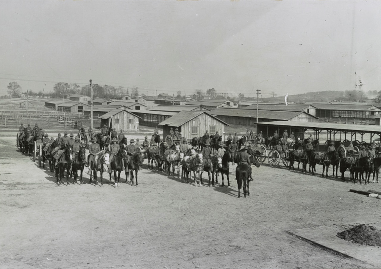 Army mounted cavalry and equipment form up at Camp Meade, Md., circa 1918. Library of Congress photo