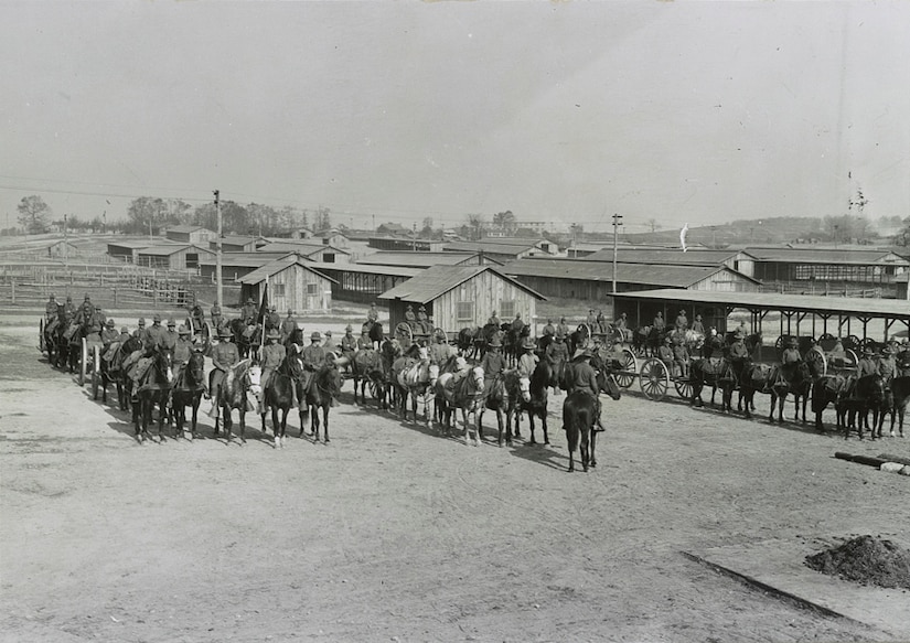 Army mounted cavalry and equipment form up at Camp Meade, Md., circa 1918. Library of Congress photo