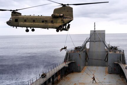 In this file photo, soldiers conduct air assault operations on the deck of the 8th Theater Sustainment Command's Logistical Support Vessel-2, the Harold C. Clinger off the coast of Honolulu, Jan. 11, 2016. The soldiers are assigned to the 25th Infantry Division.