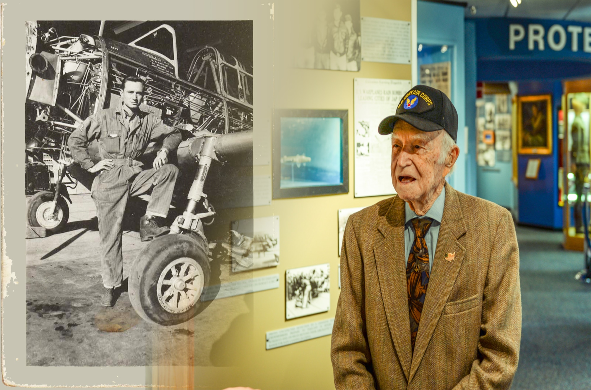 Returning to the military base that he helped build, 96-year-old John Durham toured Gunter and the Air Force Enlisted Heritage Museum, March 16, 2017. In 1940, Army Air Corps Sergeant Durham was stationed at then-Maxwell Field when plans were made to convert the Montgomery Municipal Airport into a preliminary flying school. Durham was one of the military members who turned the civilian airport into an Air Corps flying training base. Sergeant Durham is pictured with a Vultee BT-13 Valiant, a basic trainer aircraft flown at Gunter and a variation of which sits at Gunter’s Dickinson Drive gate. Durham served from 1940-1945, and he was the owner of a watch store in Montgomery until retiring a few years ago. (U.S. Air Force image by Phil Berube)