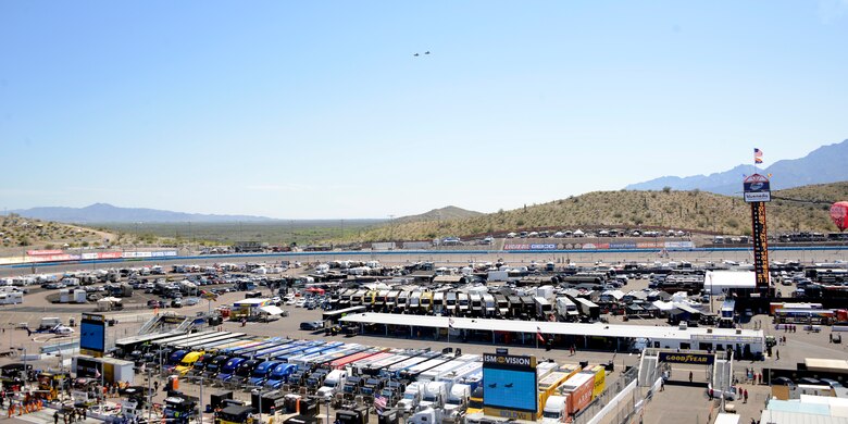 A formation of two F-35 Lightning IIs conduct a flyover Mar. 19, 2017 at the Phoenix International Raceway, Avondale, Ariz. (U.S. Air Force photo by Senior Airman Devante Williams)  