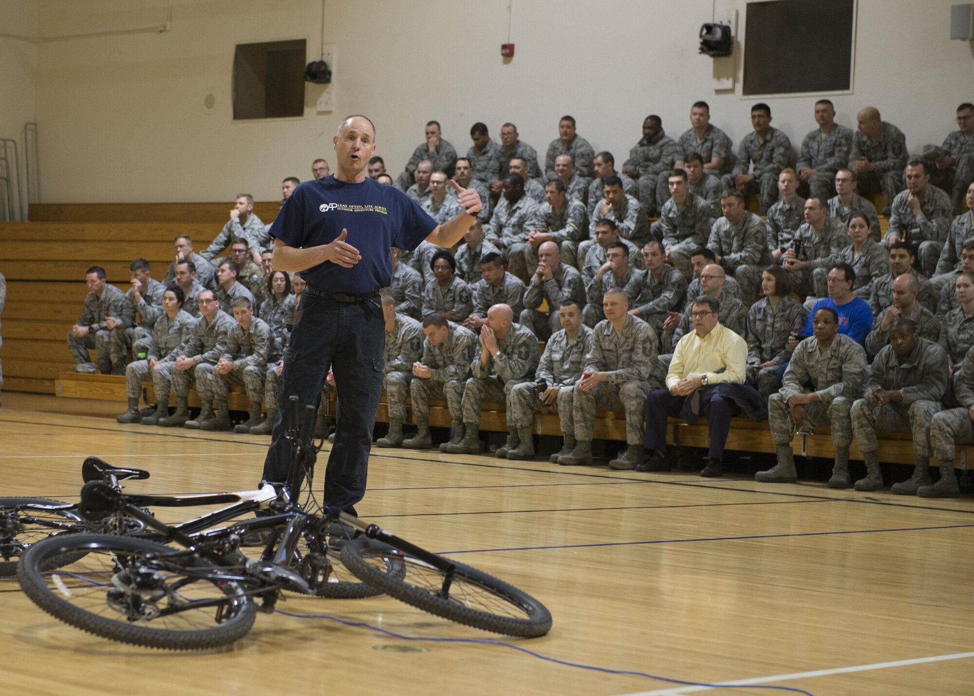Outdoor Recreation Director Mike Hurt speaks during an All Call at Mountain Home Air Force Base, Idaho, March 16, 2017. Hurt discussed the contents of the outdoor adventure program which consists of hiking, biking, trips to Yellowstone, rafting and more.