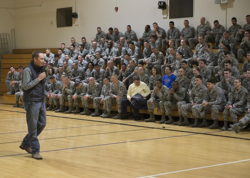 Deputy Chief of Safety Matt Chandler speaks during an All Call at Mountain Home Air Force Base, Idaho, March 16, 2017. Chandler talked about ways to be prepared during changes in the Idaho weather.