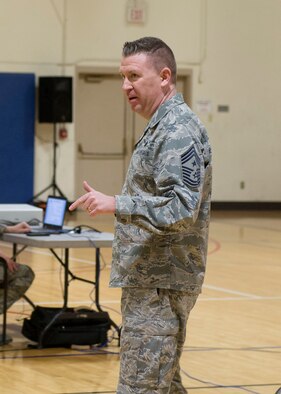 366th Fighter Wing Command Chief Master Sgt. Chad Bickley speaks during an All Call at Mountain Home Air Force Base, Idaho, March 16, 2017. The All Call gave airmen the opportunity to talk and ask questions with the base’s top leaders.