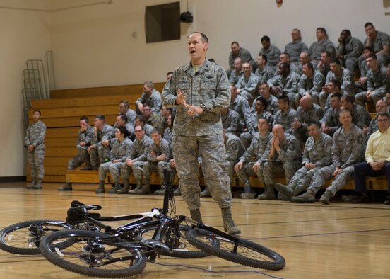 Col. Jefferson O’Donnell 366th Fighter Wing Commander speaks during an All Call at Mountain Home Air Force Base, Idaho, March 16, 2017. O’Donnell discussed some wing priorities which included F-15 sorties, developing leaders, being vigilant, enhancing readiness and telling the gunfighter story.