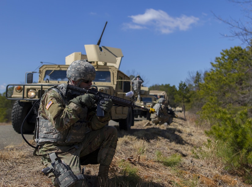 U.S. Army Reserve Soldiers assigned to the 423rd Military Police Company, 333rd Military Police Brigade, 200th Military Police Command, conduct convoy operations on March 19, 2017, at McGuire-Dix-Lakehurst, N.J. The military police unit worked with the U.S. Air Force 621st Contingency Response Wing and the U.S. Air Force Reserve 732nd Airlift Squadron to complete a joint airlift mission during Warrior Exercise 78-17-01 which is designed to assess a units’ combat capabilities. Roughly 60 units from the U.S. Army Reserve, U.S. Army, U.S. Air Force, and Canadian Armed Forces are participating in the 84th Training Command’s joint training exercise, WAREX 78-17-01, at Joint Base McGuire-Dix-Lakehurst from March 8 until April 1, 2017; the WAREX is a large-scale collective training event designed to simulate real-world scenarios as America’s Army Reserve continues to build the most capable, combat-ready, and lethal Federal Reserve force in the history of the Nation. (Army Reserve Photo by Sgt. Stephanie Ramirez/ Released)