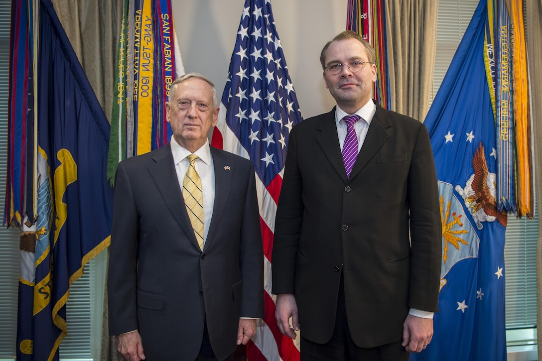 Defense Secretary Jim Mattis stands for a photo with Finnish Defense Minister Jussi Niinisto at the Pentagon, March 21, 2016. DoD photo by Air Force Tech. Sgt. Brigitte N. Brantley