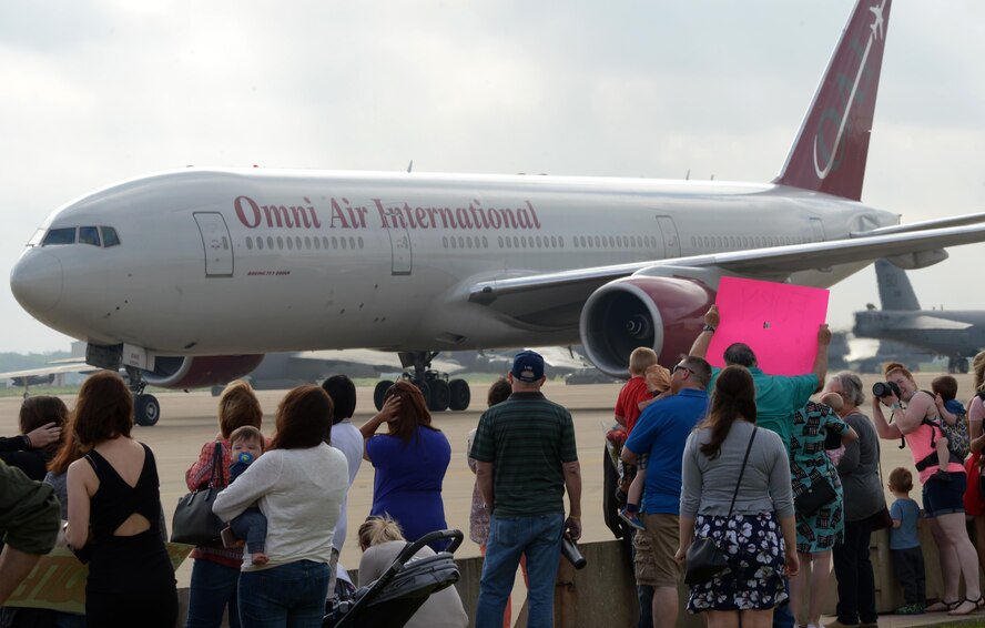 Family and friends await the return of deployed Airmen at Barksdale Air Force Base, La., March 21, 2017. More than 400 Barksdale Airmen returned from their deployment to Al Udeid Air Base, Qatar, where they supported Operation Inherent Resolve in the fight against ISIS. Since September, Barksdale B-52 Stratofortresses and Airmen have flown over 400 sorties, dropped more than 2,500 weapons totaling approximately two million pounds, and executed more than 2,000 strikes against ISIS. (U.S. Air Force photo/Senior Airman Curt Beach)