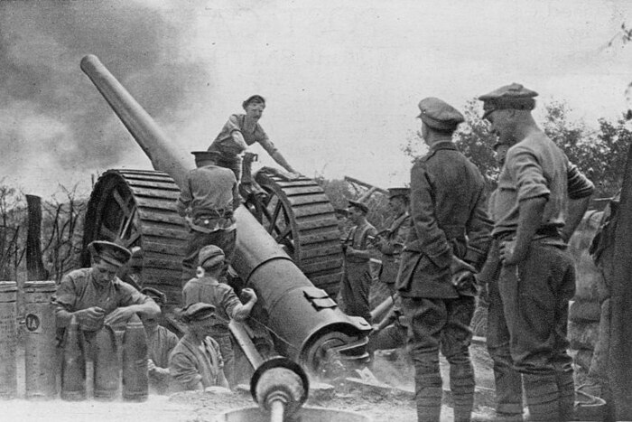 British soldiers prepare artillery shells and man a gun during World War I. Library of Congress photo
