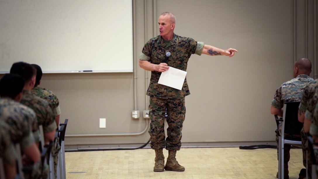 Sgt. Maj. Brad Kasal, I Marine Expeditionary Force, speaks with noncommissioned officers assigned to 1st Marine Regiment, 1st Marine Division, at Marine Corps Base Camp Pendleton, Calif., March 14, 2017.  During the talk, Kasal spoke about the need for all Marines and sailors to exercise the same devotion to one another every day that they would show while in combat. (U.S. Marine Corps photo by Sgt. Will Perkins)