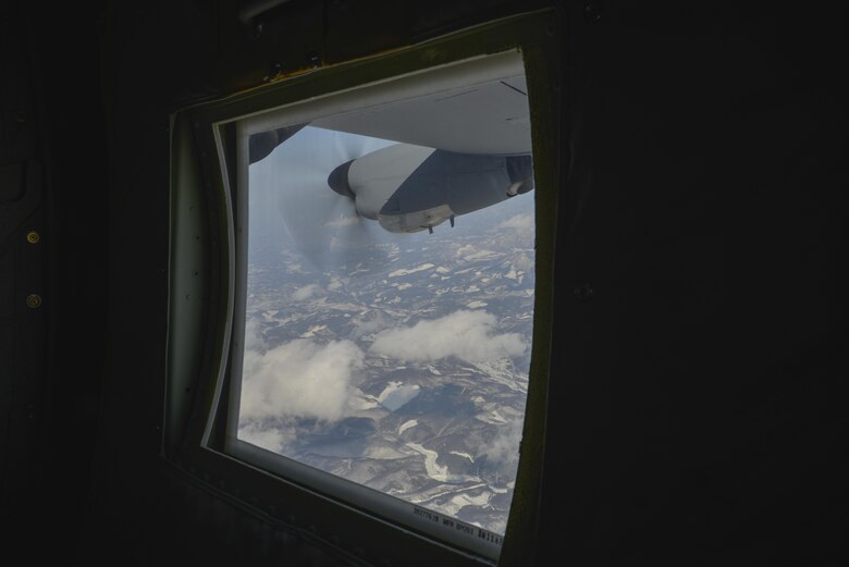 A propeller spins during the first Yokota C-130J Super Hercules training sortie over the skies of Japan March 20, 2017. The C-130J incorporates state-of-the-art technology to reduce manpower requirements, lower operating and support costs, and provide life-cycle cost savings over earlier C-130 models. (U.S. Air Force photo by Staff Sgt. David Owsianka)