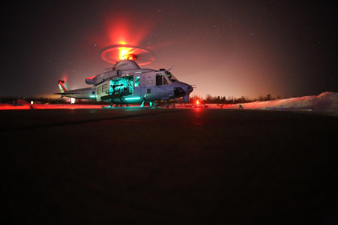 A UH-1Y Venom prepares to taxi into position after conducting night-time cold weather operations on Fort Drum, N.Y., March 17, 2017. Marines assigned to Marine Light Attack Helicopter Squadron 269, Marine Aircraft Group 29, 2nd Marine Aircraft Wing, conducted close air support at night with live ordnance to simulate real world operations in a forward position. 