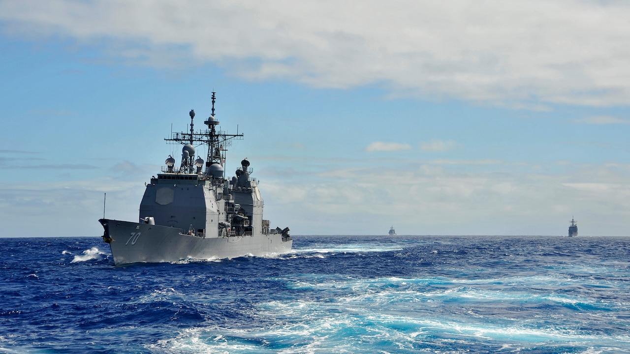 Official U.S. Navy file photo of guided-missile cruiser USS Lake Erie (CG 70) underway in the Pacific Ocean.