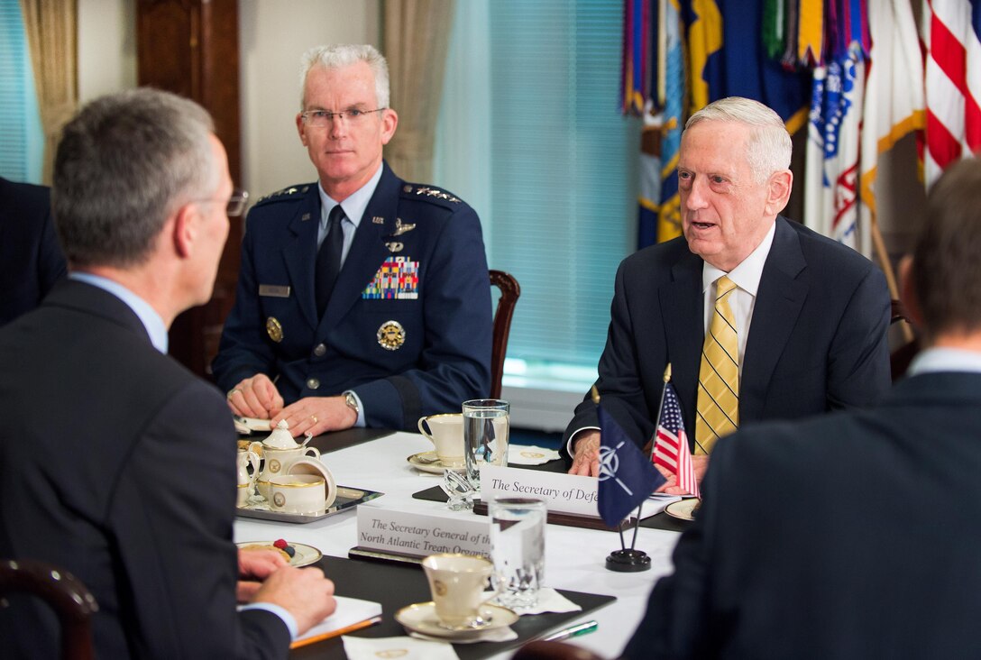 Defense Secretary Jim Mattis, right, speaks with Jens Stoltenberg, secretary general of the North Atlantic Treaty Organization during a bilateral meeting at the Pentagon, March 21, 2017. DoD photo by Army Sgt. Amber I. Smith

