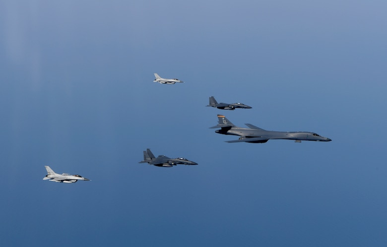 A U.S. Air Force B-1B Lancer flies in formation with Republic of Korea F-15Ks and F-16s in the vicinity of the Republic of Korea March 21, 2017. The sortie was carried out as part of U.S. Pacific Command's continuous bomber presence mission. 