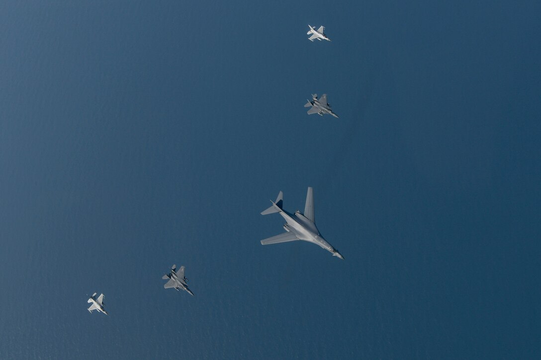 A U.S. Air Force B-1B Lancer flies in formation with Republic of Korea F-15Ks and F-16s in the vicinity of the Republic of Korea March 21, 2017. The sortie was carried out as part of U.S. Pacific Command's continuous bomber presence mission. 