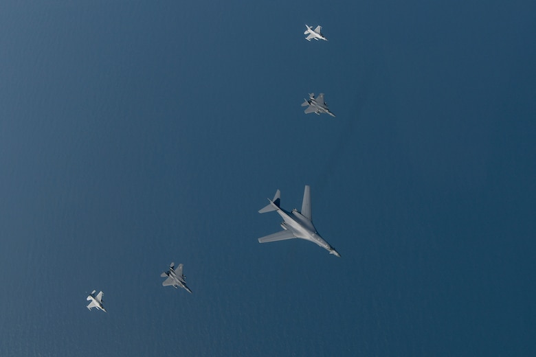 A U.S. Air Force B-1B Lancer flies in formation with Republic of Korea F-15Ks and F-16s in the vicinity of the Republic of Korea March 21, 2017. The sortie was carried out as part of U.S. Pacific Command's continuous bomber presence mission. 
