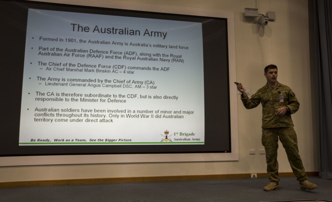 Major 1st Brigade, Wade Cooper, Australian Army, gives a speech at Rowell Centre on Robertson Barracks, Mar 17, 2017. Marines apart of Marine Rotational Force Darwin took classes to learn the history about the North Territory and the Australian Military. (U.S. Marine Corps photo by MCIPAC Combat Camera Lance Cpl. Damion Hatch Jr) 