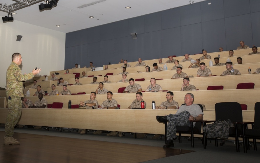 Captain 1st Brigade, Dean Muller, Australian Army, gives a brief at Rowell Centre on Robertson Barracks, Mar 20, 2017. Capt. Muller informed the Marines about public relation and how to interact with the media. (U.S. Marine Corps photo by MCIPAC Combat Camera Lance Cpl. Damion Hatch Jr) 