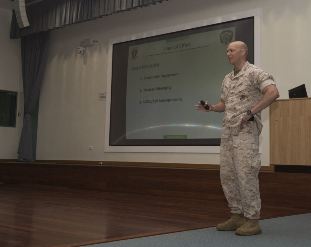 Captain 1st Brigade, Dean Muller, Australian Army, gives a brief at Rowell Centre on Robertson Barracks, Mar 20, 2017. Capt. Muller informed the Marines about public relation and how to interact with the media. (U.S. Marine Corps photo by MCIPAC Combat Camera Lance Cpl. Damion Hatch Jr) 