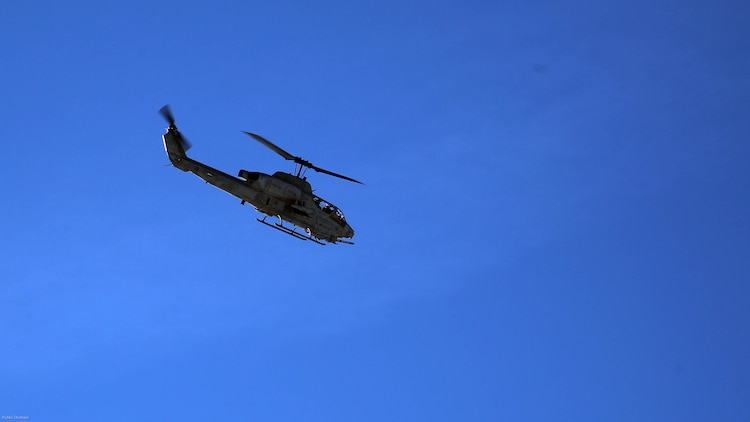 An AH-1W Super Cobra flies over a range during cold weather training operations near Fort Drum, N.Y., March 16, 2017. Marines assigned to Marine Light Attack Helicopter Squadron 269, Marine Aircraft Group 29, 2nd Marine Aircraft Wing, conducted close air support with live ordnance to simulate real world operations in a forward position. 