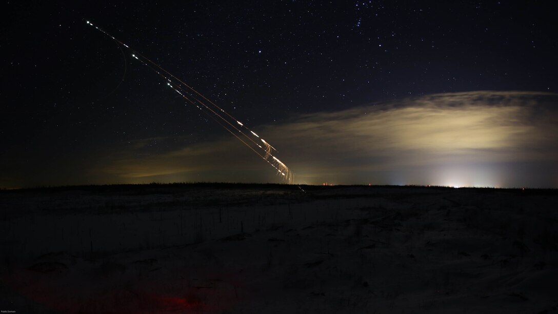A UH-1Y Venom and an AH-1W Super Cobra shoot 2.75-inch rockets through the night sky and meet their targets during close air support training operations at a range near Fort Drum, N.Y., March 16, 2017. Marines assigned to 1st Air Naval Gunfire Liaison Company, I Marine Expeditionary Force Headquarters Group, I Marine Expeditionary Force, worked in conjunction with Marines assigned to Marine Light Attack Helicopter Squadron 269, Marine Aircraft Group 29, 2nd Marine Aircraft Wing, to complete their objectives. The training was conducted with live ordnance to simulate real world operations in a forward position. 