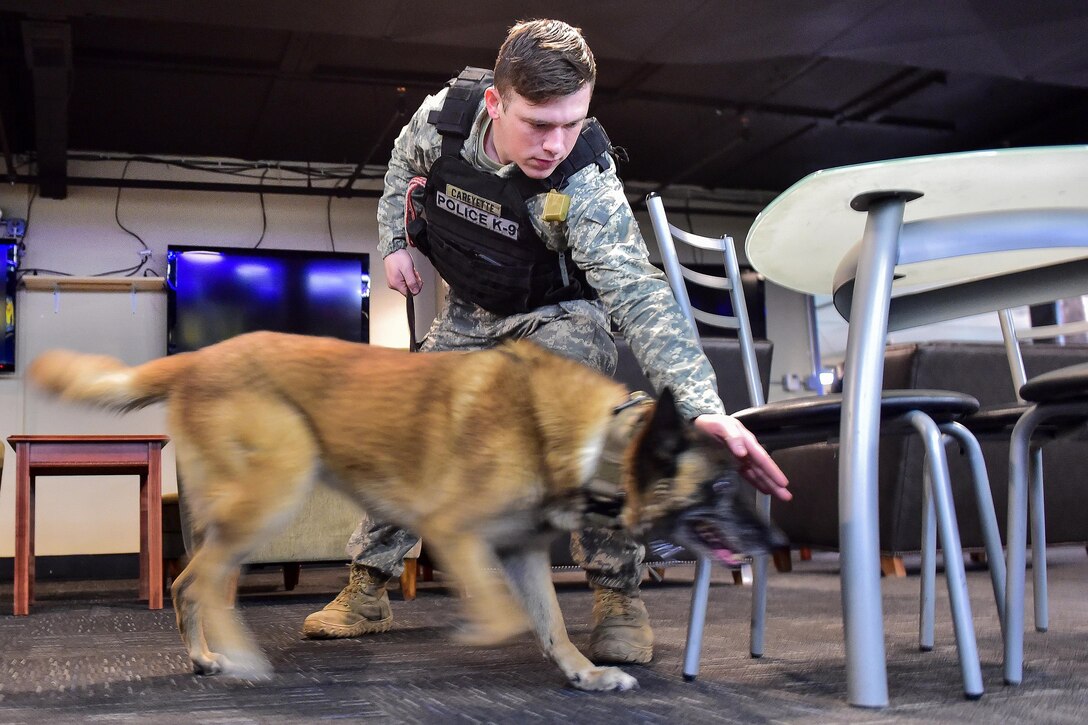 Army Pvt. Cody Careyette and Daga, a military working dog, search during explosives and illicit drugs detection training at Joint Base Elmendorf-Richardson, Alaska, March 21, 2017. Careyette and Daga are assigned to the 549th Military Working Dog Detachment. Air Force photo by Justin Connaher