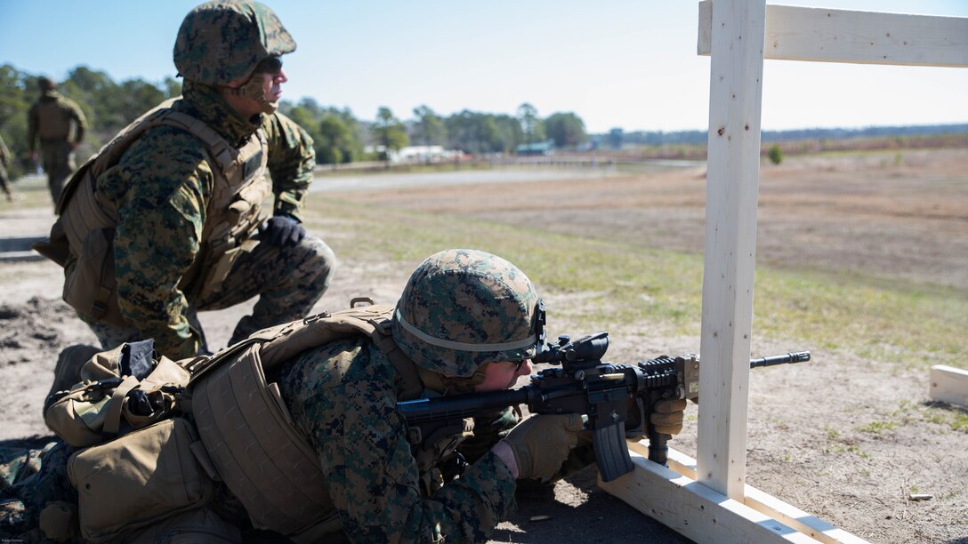 Sgt. Ethan J. Wright, a rifleman Marine with Special Purpose Marine Air-Ground Task Force - Southern Command, participates in a Table 3 unknown distance range during pre-deployment training at Range K-501 on Marine Corps Base Camp Lejeune, North Carolina, March 16, 2017. The training was conducted to enhance the Ground Combat Element’s readiness for future security cooperation operations in Central America. 