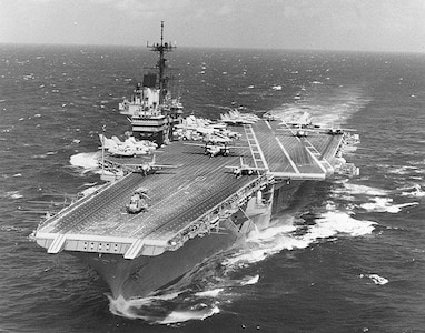 The U.S. Navy aircraft carrier USS Independence (CV-62) at sea during the later 1980s or early 1990s.