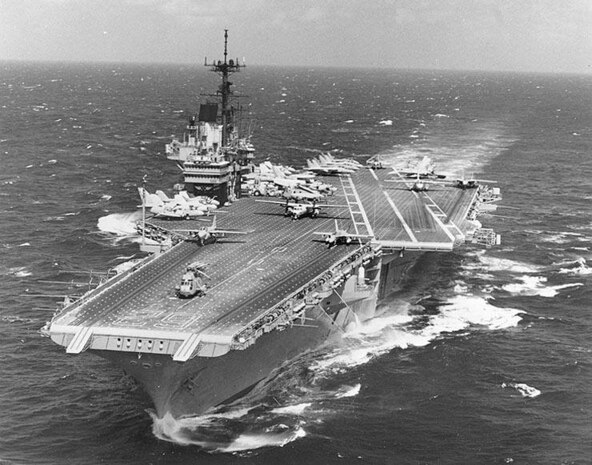 The U.S. Navy aircraft carrier USS Independence (CV-62) at sea during the later 1980s or early 1990s.