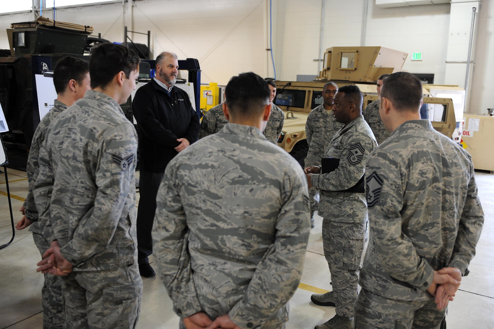 Chief Master Sgt. Calvin Williams, Air Force Global Strike command chief, speaks with Airmen from the 5th Logistics Readiness Squadron at Minot Air Force Base, N.D., March 9, 2017. Williams toured several facilities during his visit. (U.S. Air Force photo/Senior Airman Kristoffer Kaubisch)