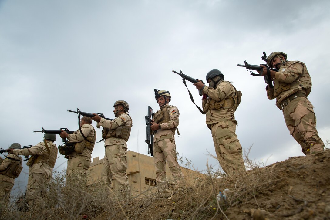 Iraqi security forces practice M16 rifle function checks during weapon training at Camp Manion, Iraq, March 19, 2017. Coalition forces deployed in support of Combined Joint Task Force – Operation Inherent Resolve train ISF basic combat skills.  CJTF-OIR is the global Coalition to defeat ISIS in Iraq and Syria.  (U.S. Army photo by Spc. Christopher Brecht)