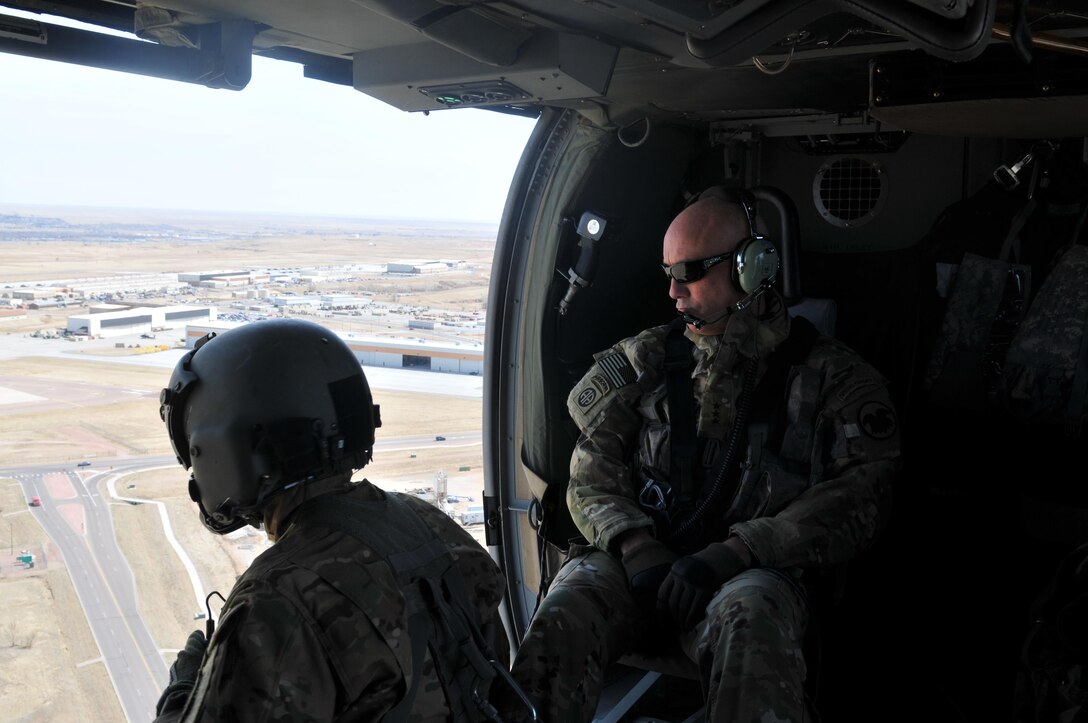 U.S. Army Reserve Commanding General, Lt. Gen. Charles Luckey, accompanies aviators from the 11th Expeditionary Combat Aviation Brigade on a routine MEDEVAC training flight at Fort Carson, Colorado. (U.S. Army Photo by: Cadet Alec Hayes, Army Reserve Aviation Command Public Affairs Office) 