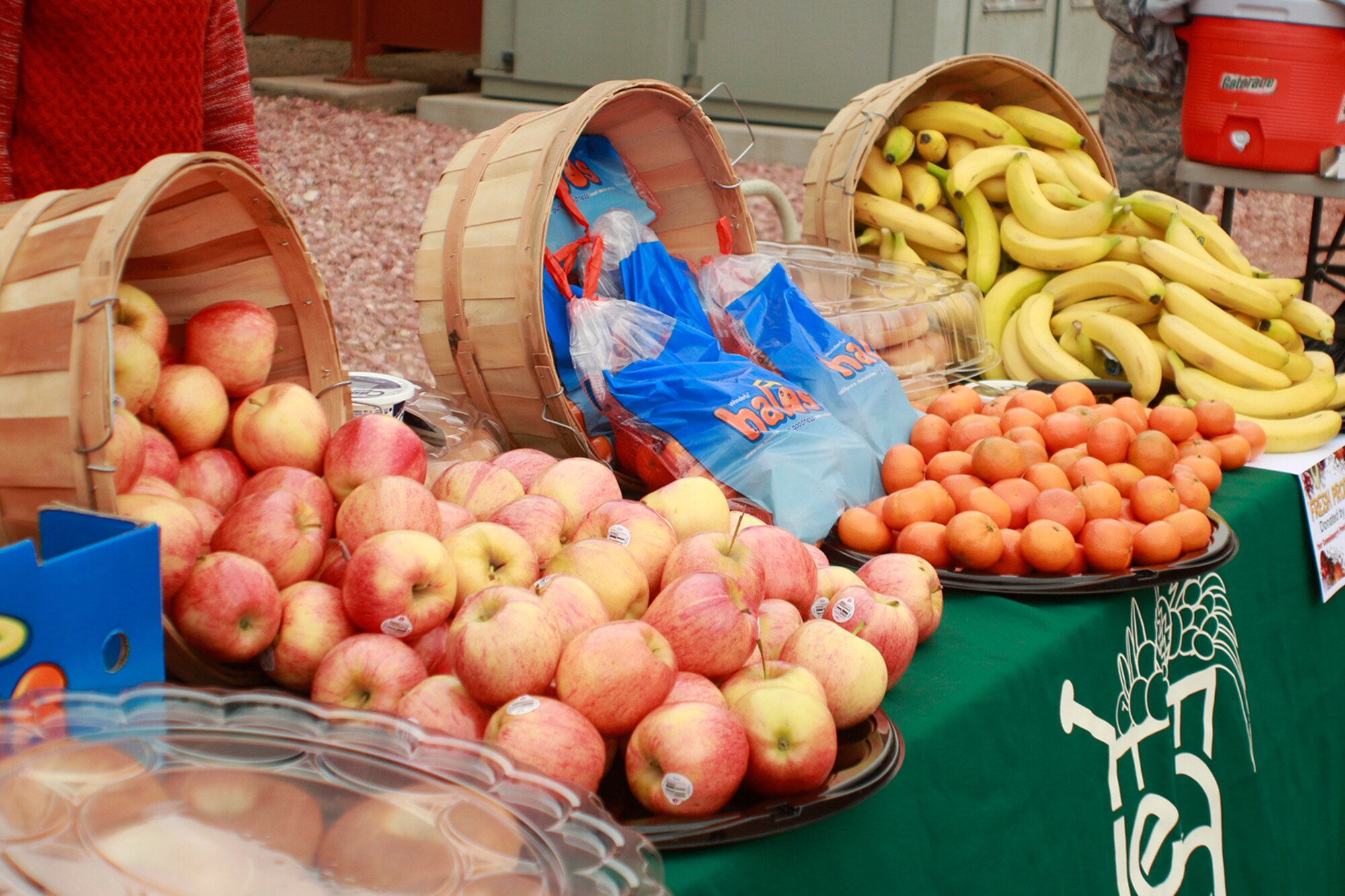 PETERSON AIR FORCE BASE, Colo.— Fruit and snacks await members of the 21st Space Wing at the finish line of the 5K portion of the Wing War Fit at Peterson Air Force Base, Colorado, March 21, 2017. The snacks were donated by the Peterson AFB Commissary as part of National Nutrition Month. (U.S. Air Force photo by Shellie-Anne Espinosa)