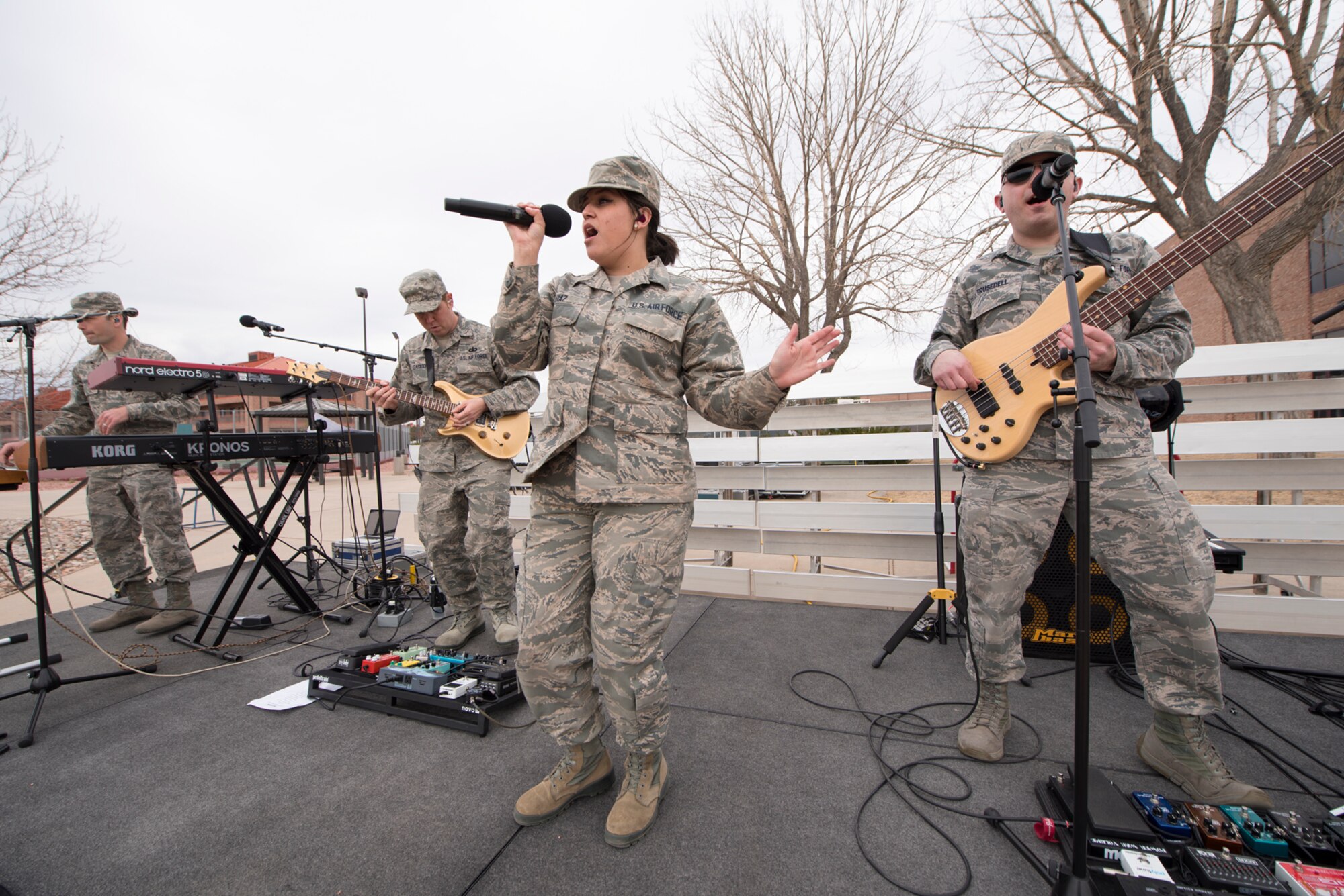 PETERSON AIR FORCE BASE, Colo. –Blue Steel performs for Team Pete during Wing War Fit at Peterson Air Force Base, Colorado, March 21, 2017. Blue Steel is the commercial, popular music ensemble of the United States Air Force Academy Band. (U.S. Air Force photo by Airman 1st Class Dennis Hoffman)