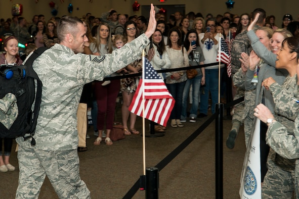 U.S. Air Force Airmen are welcomed home from a six-month deployment on Mar. 20, 2017, Barksdale Air Force Base, La. The Airmen are assigned to the 2nd Bomb Wing and the Air Force Reserve Command’s 307th Bomb Wing and were deployed to Southwest Asia in support of Operations Inherent Resolve and Freedom’s Sentinel. (U.S. Air Force photo by Master Sgt. Greg Steele/released)