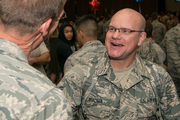 U.S. Air Force Staff Sgt. William Bracken is welcomed home by Lt. Col. Warren Crabtree, 707th Maintenance Squadron (MXS) commander, after returning home from a six-month deployment on Mar. 20, 2017, Barksdale Air Force Base, La.  Bracken is assigned to the Air Force Reserve Command’s 707th MXS and deployed to Southwest Asia in support of Operations Inherent Resolve and Freedom’s Sentinel. (U.S. Air Force photo by Master Sgt. Greg Steele/released)