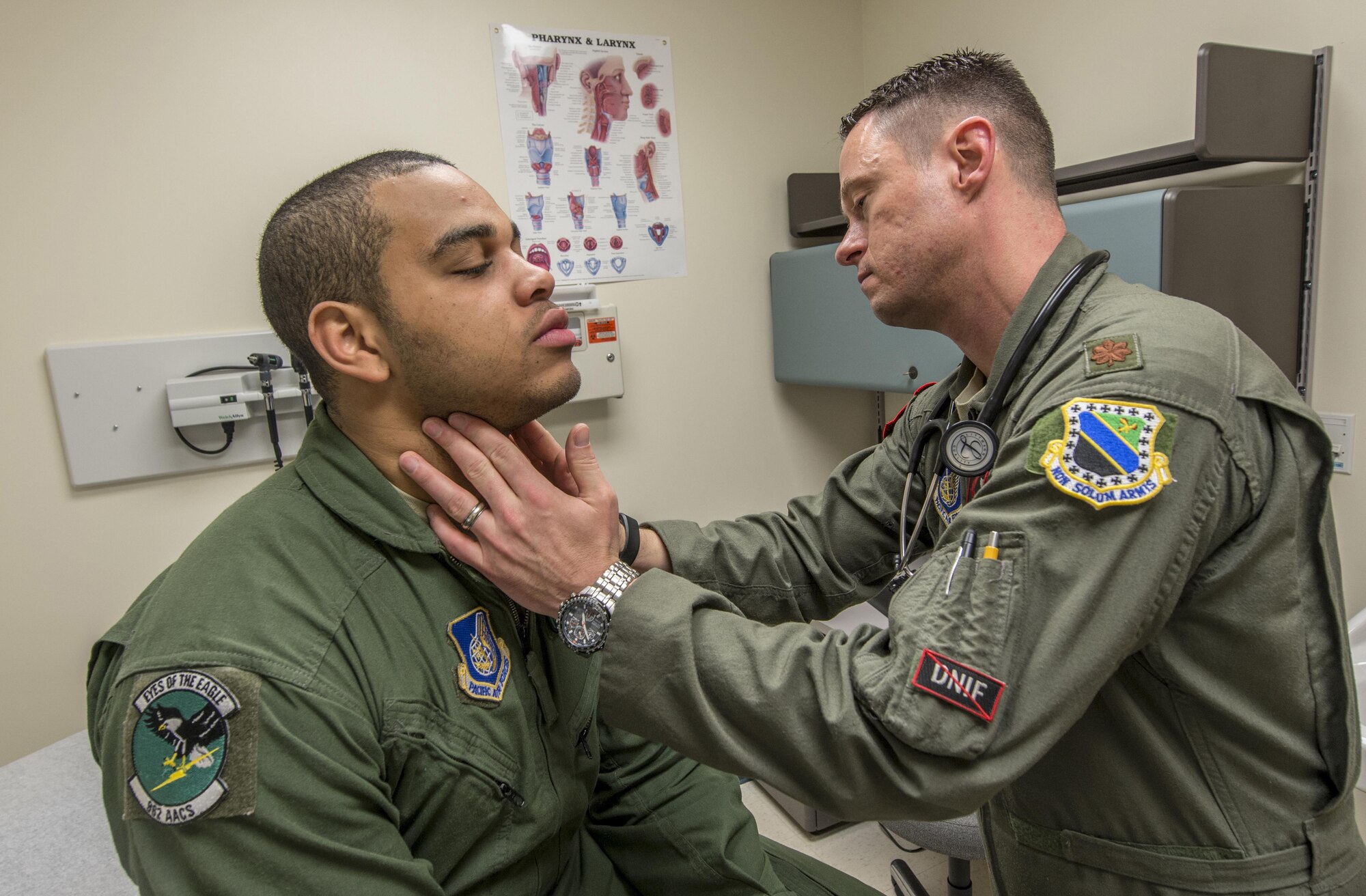 Maj. Chris Backus, a pilot-physician, checks a patient at the flight medicine clinic on Joint Base Elmendorf-Richardson, Alaska, March 9, 2016. Pilot-physicians are involved in the research, development, testing, and evaluation of new and current Air Force systems and missions. Because of unique medical and human factors qualifications, pilot-physicians are particularly well suited to help develop new aircraft, life support equipment, and avionics or software upgrades. This is accomplished to enable aircrews to better adapt to the change in mission requirements. Backus is currently assigned to the 673rd Medical Group. (U.S. Air Force photo/Master Sgt. Brian Ferguson)