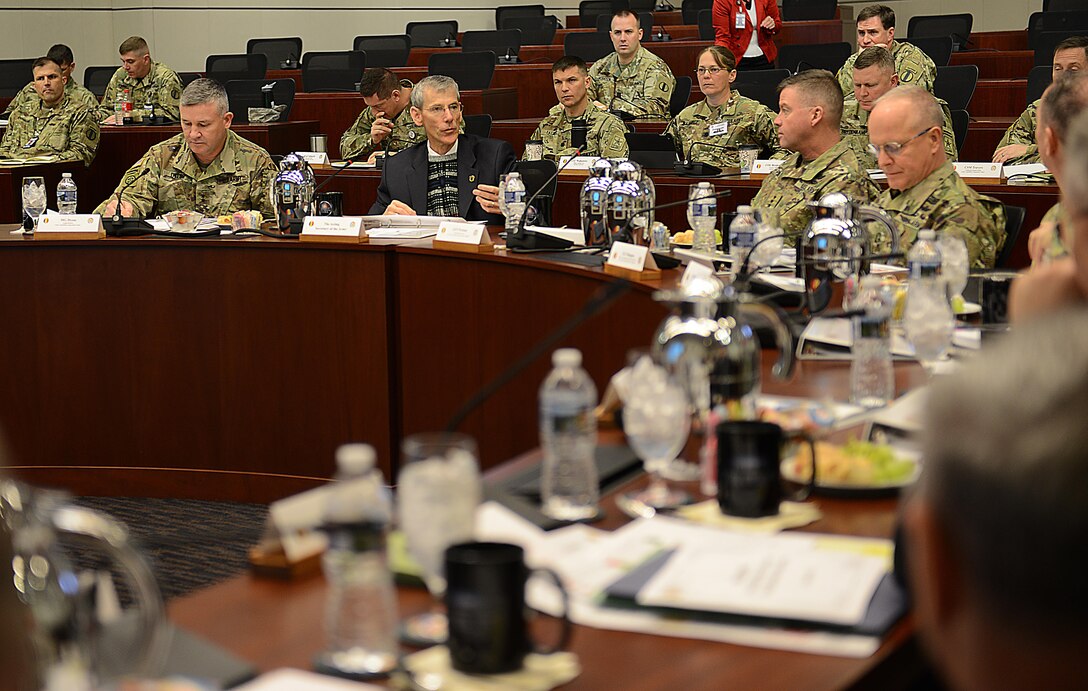 Acting Secretary of the Army Robert M. Speer speaks with U.S. Army Training and Doctrine Command leadership during a visit to Joint Base Langley-Eustis, Va., March 17, 2017. The TRADOC leadership discussed the needs and demands placed on recruiting, training and retaining quality forces. (U.S. Air Force photo/Staff Sgt. Teresa J. Cleveland)