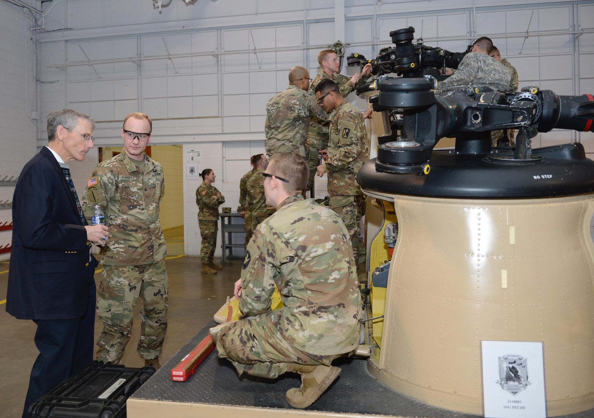 Acting Secretary of the Army Robert M. Speer introduces himself to Advanced Individual Training students assigned to the 128th Aviation Brigade during a visit to Joint Base Langley-Eustis, Va., March 17, 2017. Speer asked the students about the training they are receiving and encouraged the students to constructively critique the program to help make it better for future students. (U.S. Air Force photo/Airman 1st Class Kaylee Dubois)
