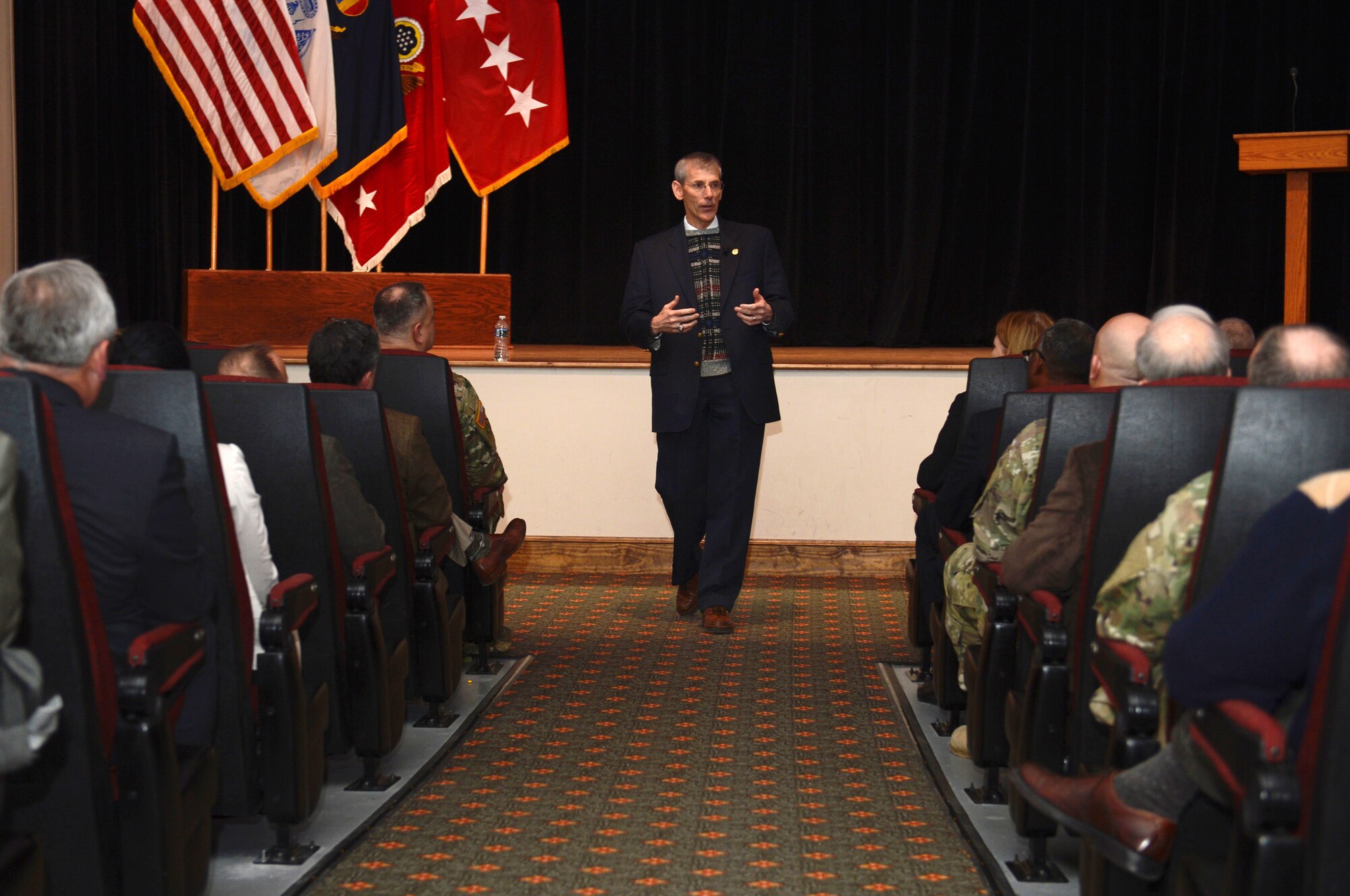 Acting Secretary of the Army Robert M. Speer speaks with U.S. Army Soldiers and civilians during a Town Hall meeting at Joint Base Langley-Eustis, Va., March 17, 2017. During the meeting, Speer communicated his priorities with attendees and emphasized the importance of Army readiness. (U.S. Air Force photo/Airman 1st Class Kaylee Dubois)