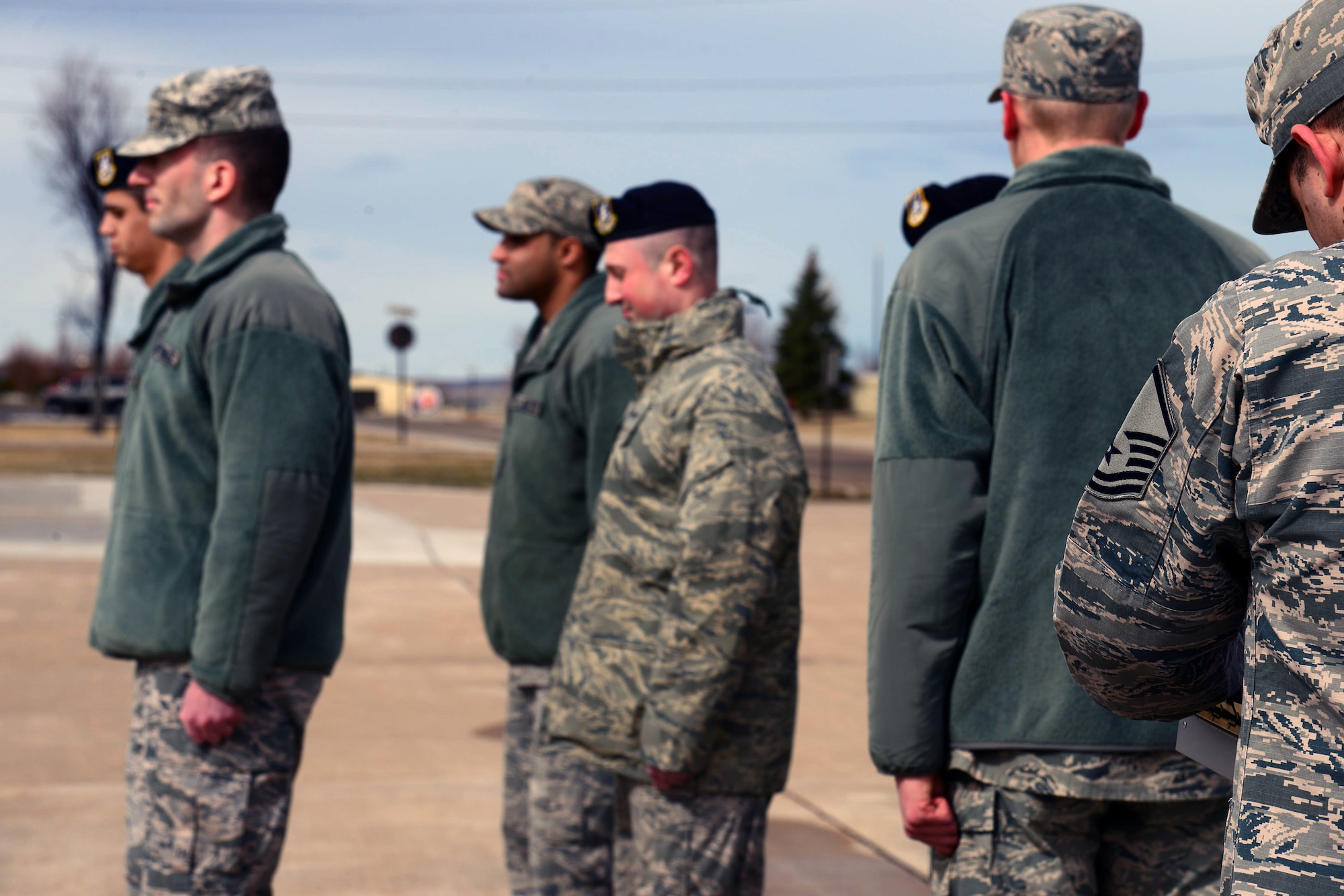 Airmen from the Malmstrom Airman Leadership School perform drill evaulations March 14, 2017, at Malmstrom Air Force Base, Mont. Drill evaluations are a part of the ALS cirriculum and are designed to honor military tradition and teach students leadership and followership traits. (U.S. Air Force photo/Senior Airman Magen M. Reeves)