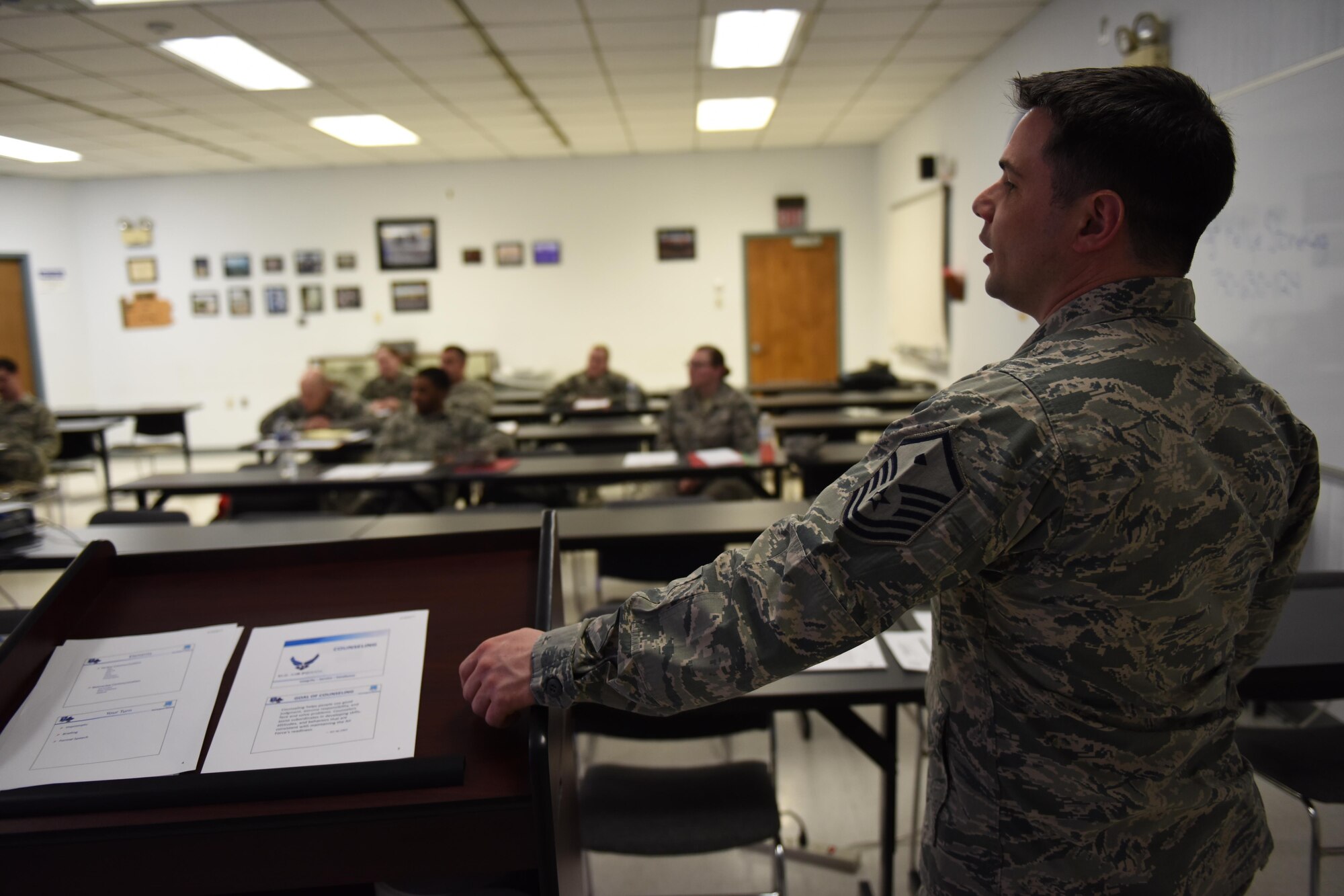Master Sgt. Micah Good, 211th Engineering Installation Squadron first sergeant, talks with Airmen about verbal communication during the 193rd Special Operations Wing’s Leadership Development Program, Middletown, Pennsylvania, March 17, 2017. Over the course of three days, Airmen will learn written communication, verbal communication, progression of Airmen and day-to-day leadership skills; giving them tools to be better leaders in today’s Air National Guard. (U.S. Air National Guard Photo by Master Sgt. Culeen Shaffer/Released)