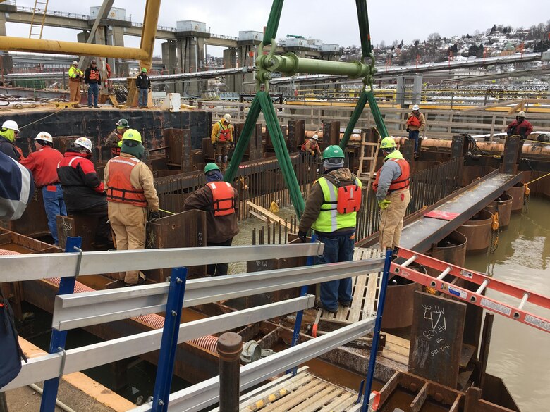Pittsburgh District successfully installed the two massive precast concrete cross culverts in the new middle wall at Monongahela River Lock and Dam 4 at Charleroi. The precast culverts are stay-in elements within the new middle wall that will allow the future landside-lock chamber to empty water from the chamber into the river.