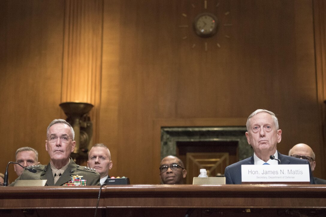 Defense Secretary Jim Mattis and Marine Corps Gen. Joe Dunford, chairman of the Joint Chiefs of Staff, testify before the Senate Appropriations Committee in Washington, March 22, 2017. DoD photo by Navy Petty Officer 2nd Class Dominique A. Pineiro