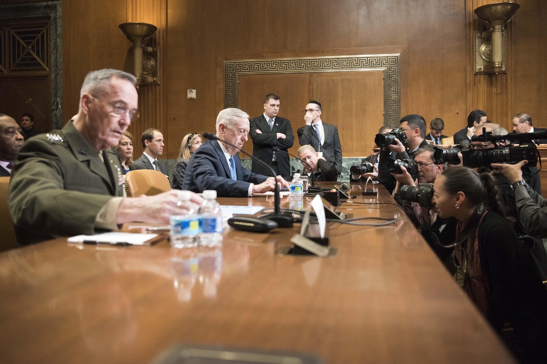 Defense Secretary Jim Mattis and Marine Corps Gen. Joe Dunford, chairman of the Joint Chiefs of Staff, prepare to testify before the Senate Appropriations Committee in Washington, March 22, 2017. DoD photo by Navy Petty Officer 2nd Class Dominique A. Pineiro
