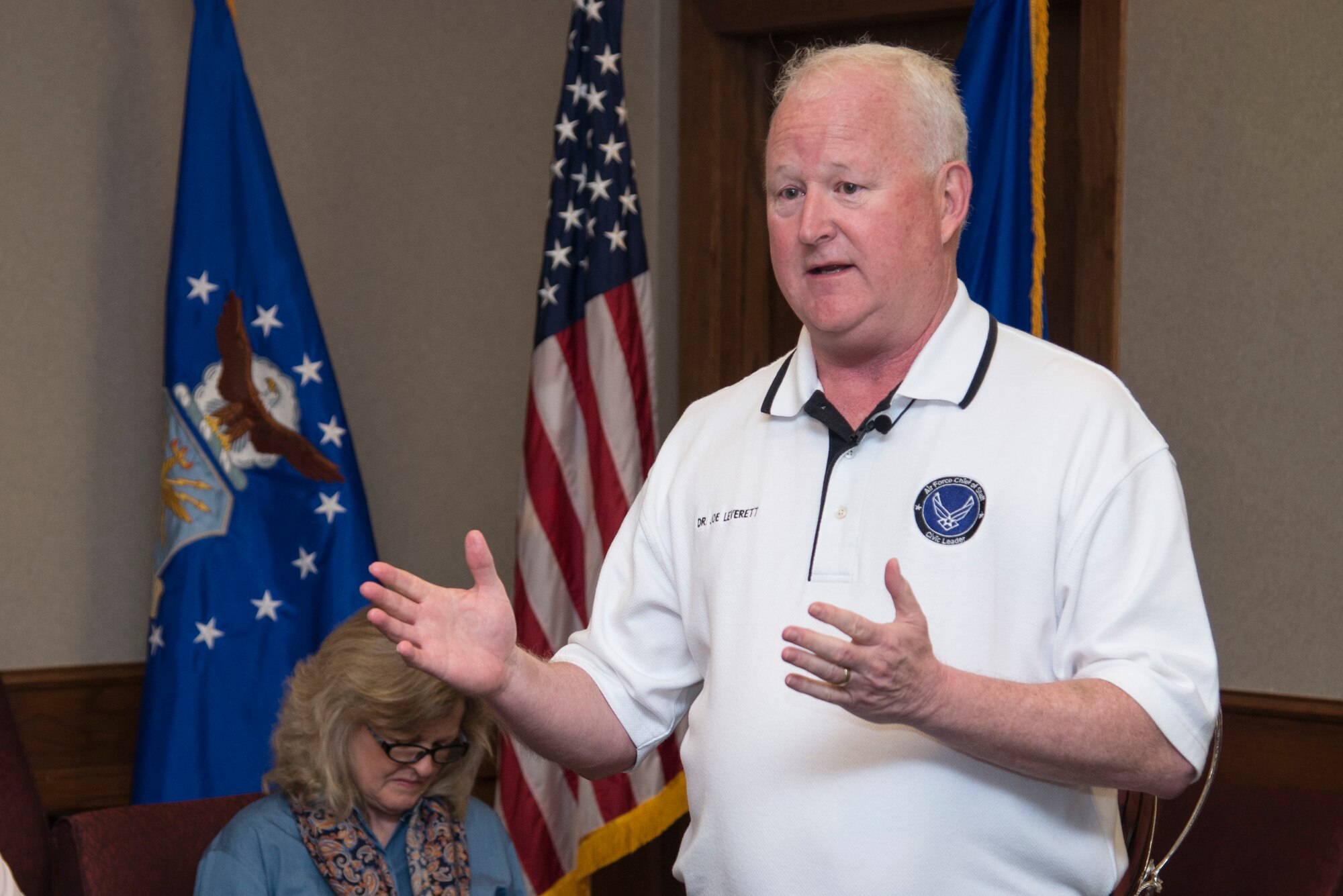 Dr. Joe Leverett, Altus Trophy selection committee chairman, speaks about the Altus Trophy history during the AETC Commander’s Civic Leader Group tour March 22, 2017, at Joint Base San Antonio-Randolph, Texas. The trophy is presented annually by the AltusChamber of Commerce, located in Altus, Oklahoma, to a community judged to have shown outstanding support to an AETC base. (U.S. Air Force photo by Sean Worrell)