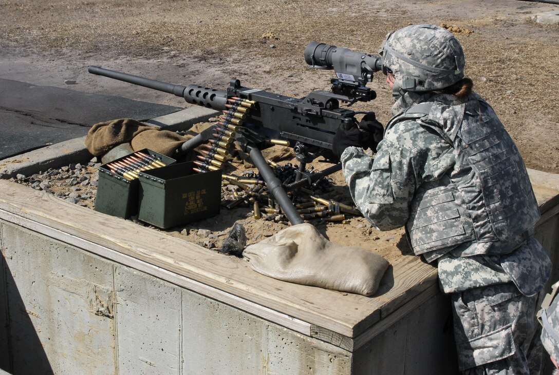 U.S. Army Reserve Sgt. Kristie Justice, 489th Transportation Company (Seaport Operations), 377th Theater Sustainment Command, qualifies on the M2 .50 caliber machine gun to prepare for mounted gunnery during Operation Cold Steel at Fort McCoy, Wis., March 19, 2017. Operation Cold Steel is the U.S. Army Reserve's crew-served weapons qualification and validation exercise to ensure that America's Army Reserve units and Soldiers are trained and ready to deploy on short-notice and bring combat-ready and lethal firepower in support of the Army and our joint partners anywhere in the world. (U.S. Army Reserve photo by Staff Sgt. Debralee Best, 84th Training Command)