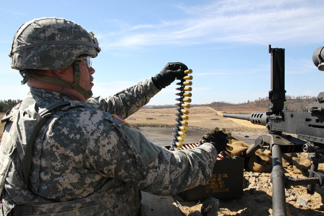U.S. Army Reserve Sgt. Daniel Groover, 489th Transportation Company (Seaport Operations), 377th Theater Sustainment Command, loads an M2 .50 caliber machine gun for ground qualification during Operation Cold Steel at Fort McCoy, Wis., March 19, 2017. Operation Cold Steel is the U.S. Army Reserve's crew-served weapons qualification and validation exercise to ensure that America's Army Reserve units and Soldiers are trained and ready to deploy on short-notice and bring combat-ready and lethal firepower in support of the Army and our joint partners anywhere in the world. (U.S. Army Reserve photo by Staff Sgt. Debralee Best, 84th Training Command)